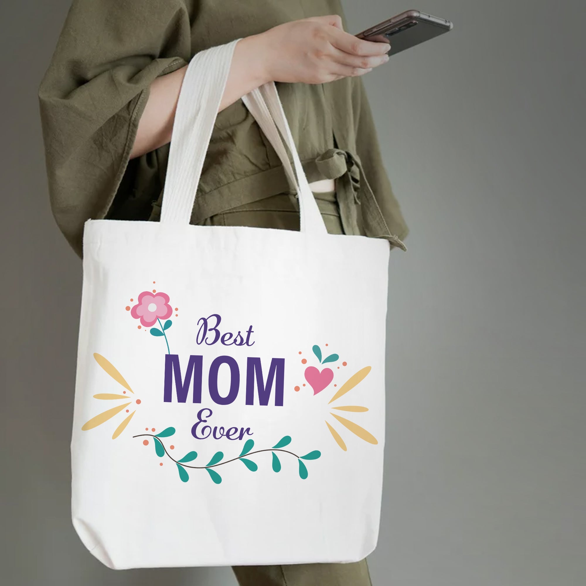 Best Mom Ever Tote Bag with Floral Print