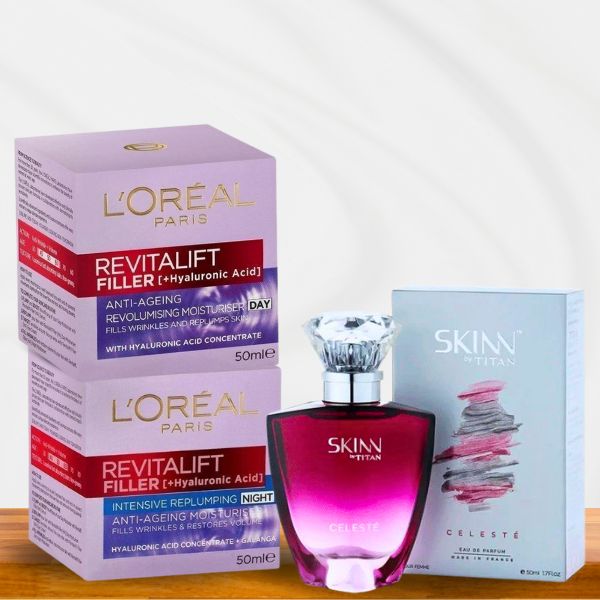 L'Oreal Anti-Ageing Day and Night Cream Combo With Titan Celeste Perfume 50 ml - Flowers to Nepal - FTN