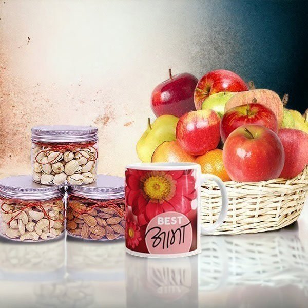 Mix Fruits Basket 3kg+, Nuts Jar and Best Aama Ceramic Mug - Flowers to Nepal - FTN