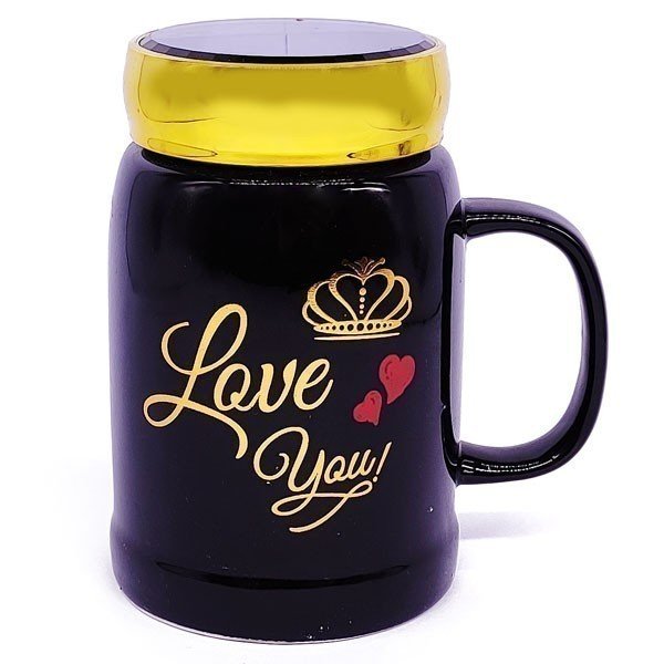 Black Ceramic Coffee Mug with Lid and 'Love You' Print - Flowers to Nepal - FTN