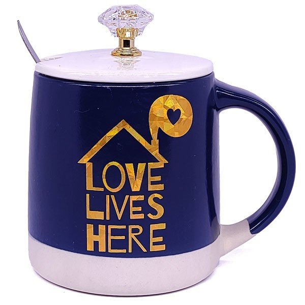 Ceramic Coffee Mug Set with Lid, Steel Spoon, and 'Love Lives Here' Print - Flowers to Nepal - FTN
