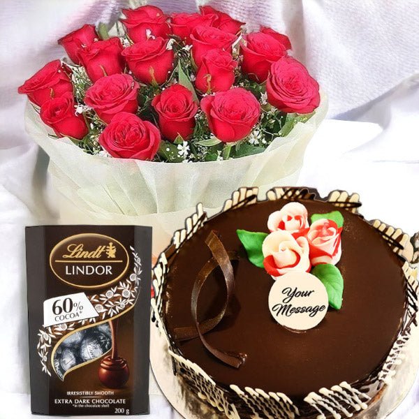 Chocolate Cake, With Bunch Of Roses & Lindt Chocolate - Flowers to Nepal - FTN