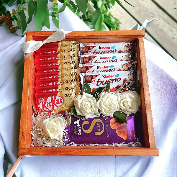 Full Of Variety Chocolates With White Roses In Wooden Box - Flowers to Nepal - FTN