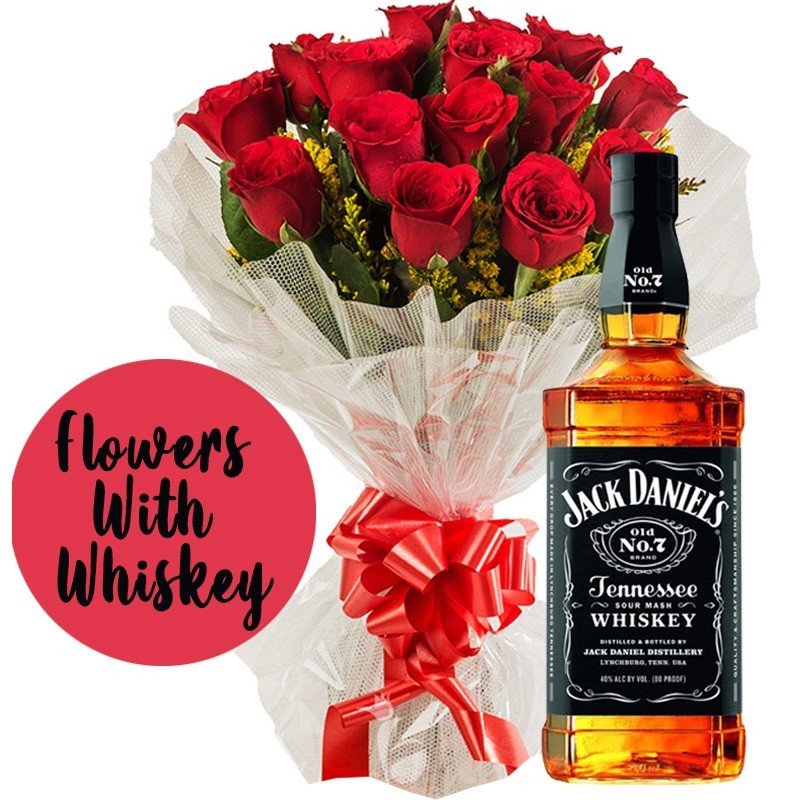 Half Dozen Roses With Whiskey 500ml - Flowers to Nepal - FTN