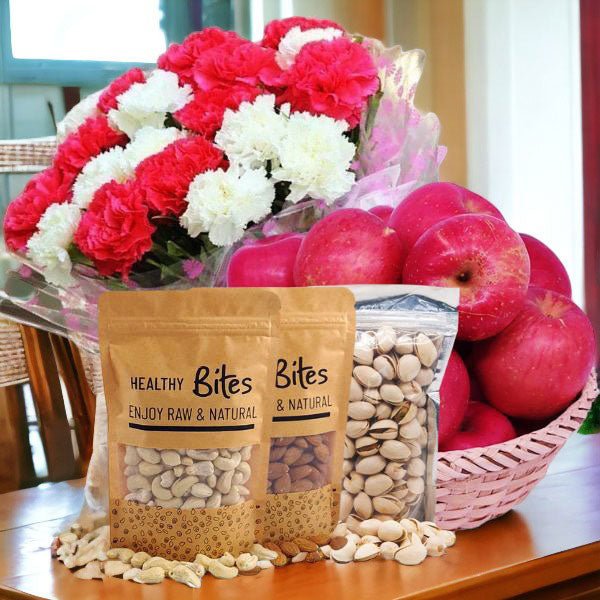 Healthy Dry Nuts With Carnation & Apples Combo - Flowers to Nepal - FTN