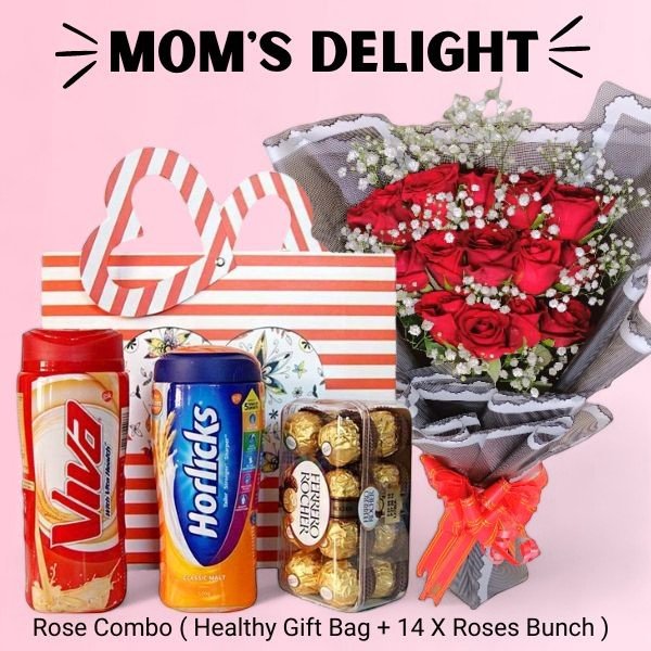 Mom's Delight Combo ( Healthy Gift Bag and 14 Roses Bunch ) - Flowers to Nepal - FTN
