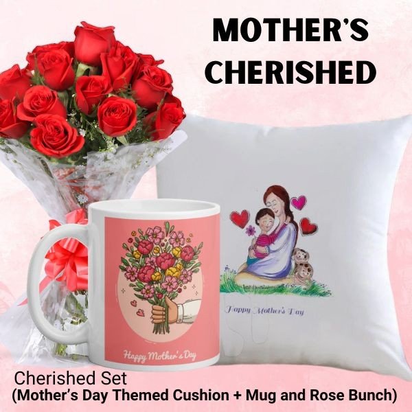 Mother's Day Cherished Combo ( Mothers day Themed Cushion, Mug, and Beautiful Bunch ) - Flowers to Nepal - FTN