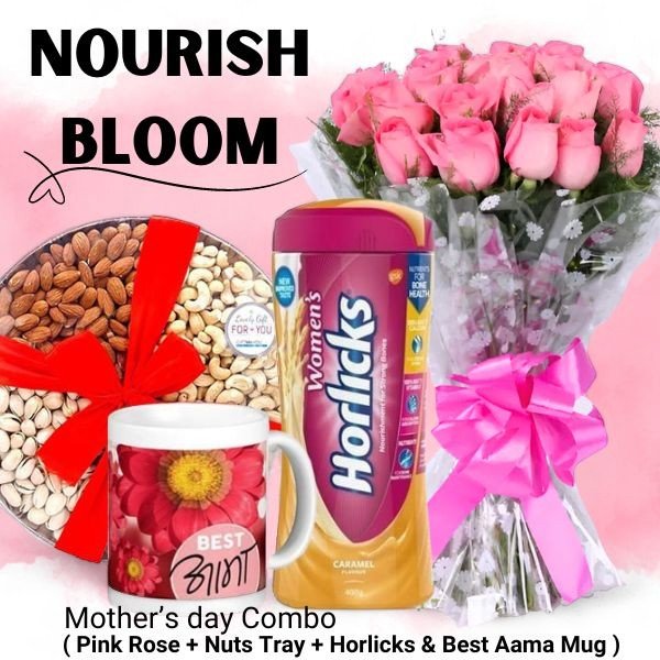 Mother's Day Combo ( Pink Bunch, Nuts Tray, Horlicks and Best Aama Print Mug ) - Flowers to Nepal - FTN