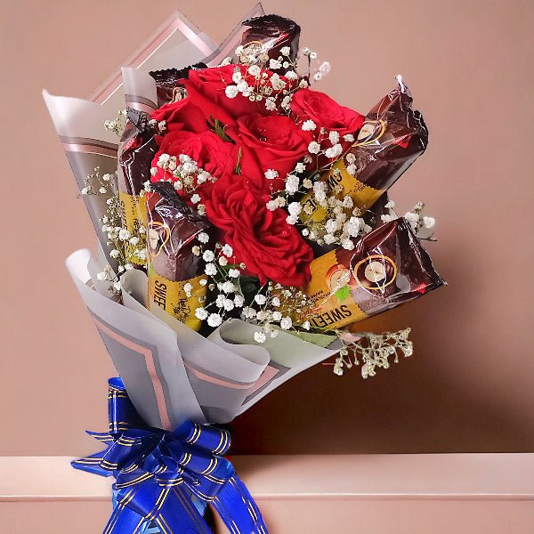 Oddie Chocolates Bouquet With Red Roses Bunch - Flowers to Nepal - FTN