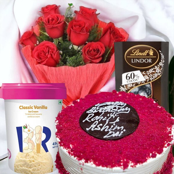 Red Velvet Cake With Rose Bouquet, Chocolate & Ice-Cream - Flowers to Nepal - FTN