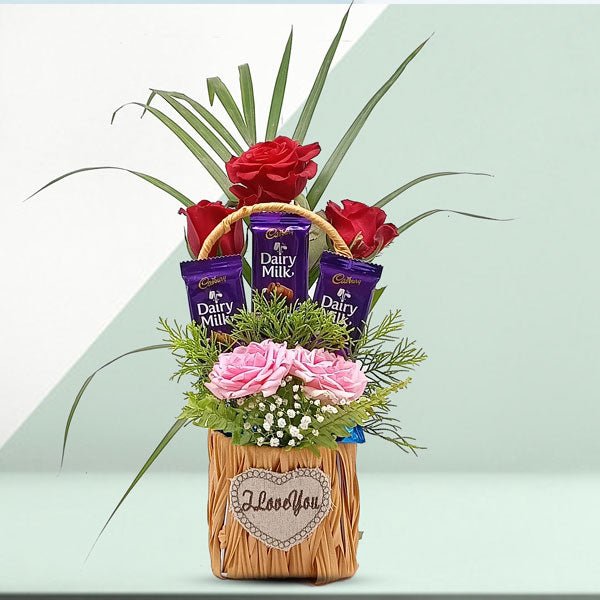 Rosy Red Flower And Chocolate Basket - Flowers to Nepal - FTN