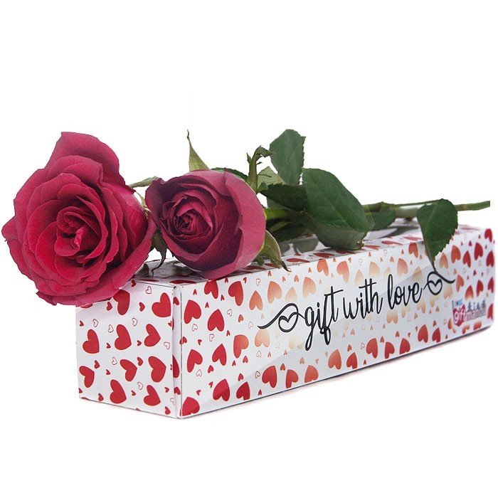 Two Red Roses in Special Hearts Printed Box - Flowers to Nepal - FTN