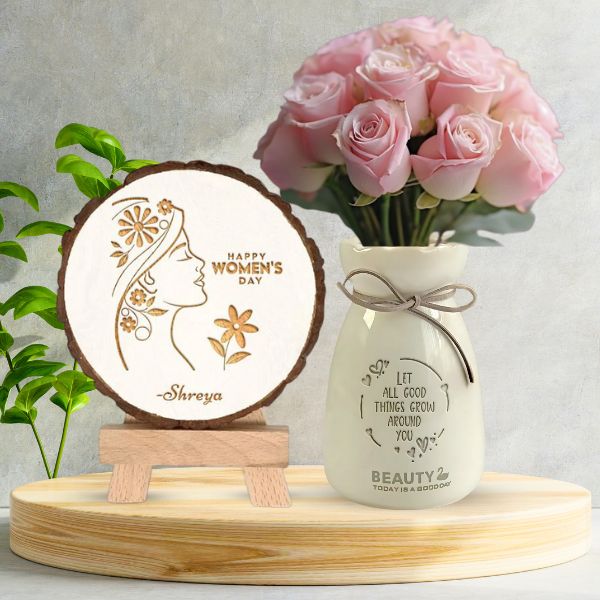 Women's Day Engraved Easel with Elegant Rose Vase