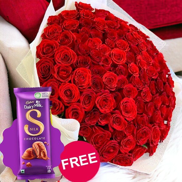 100 Long Stem Roses Bouquet with Free Cadbury Silk - Flowers to Nepal - FTN