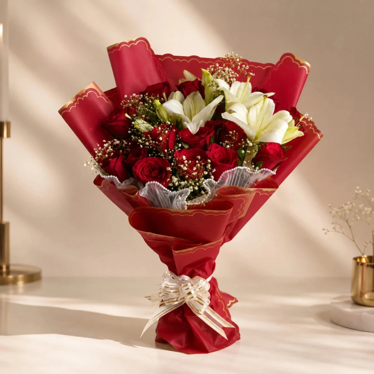 12 Red Roses & 6 White Lilies Elegant Bouquet - Flowers to Nepal - FTN