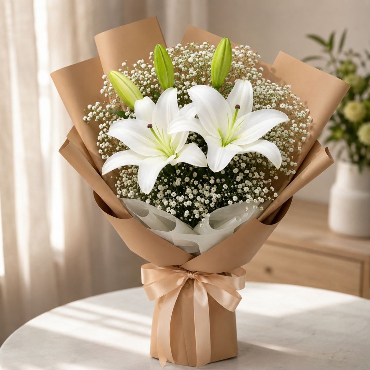 2 White Lilies with Gypsies Flower Bouquet - Flowers to Nepal - FTN