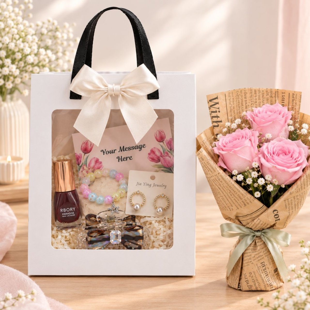 3 Pink Roses & Beauty Gift Bag - Flowers to Nepal - FTN