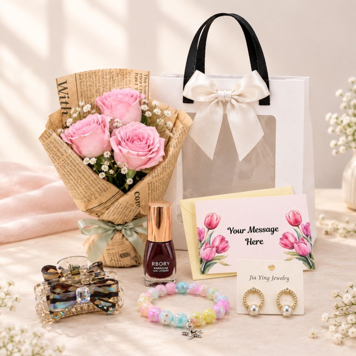3 Pink Roses & Beauty Gift Bag - Flowers to Nepal - FTN