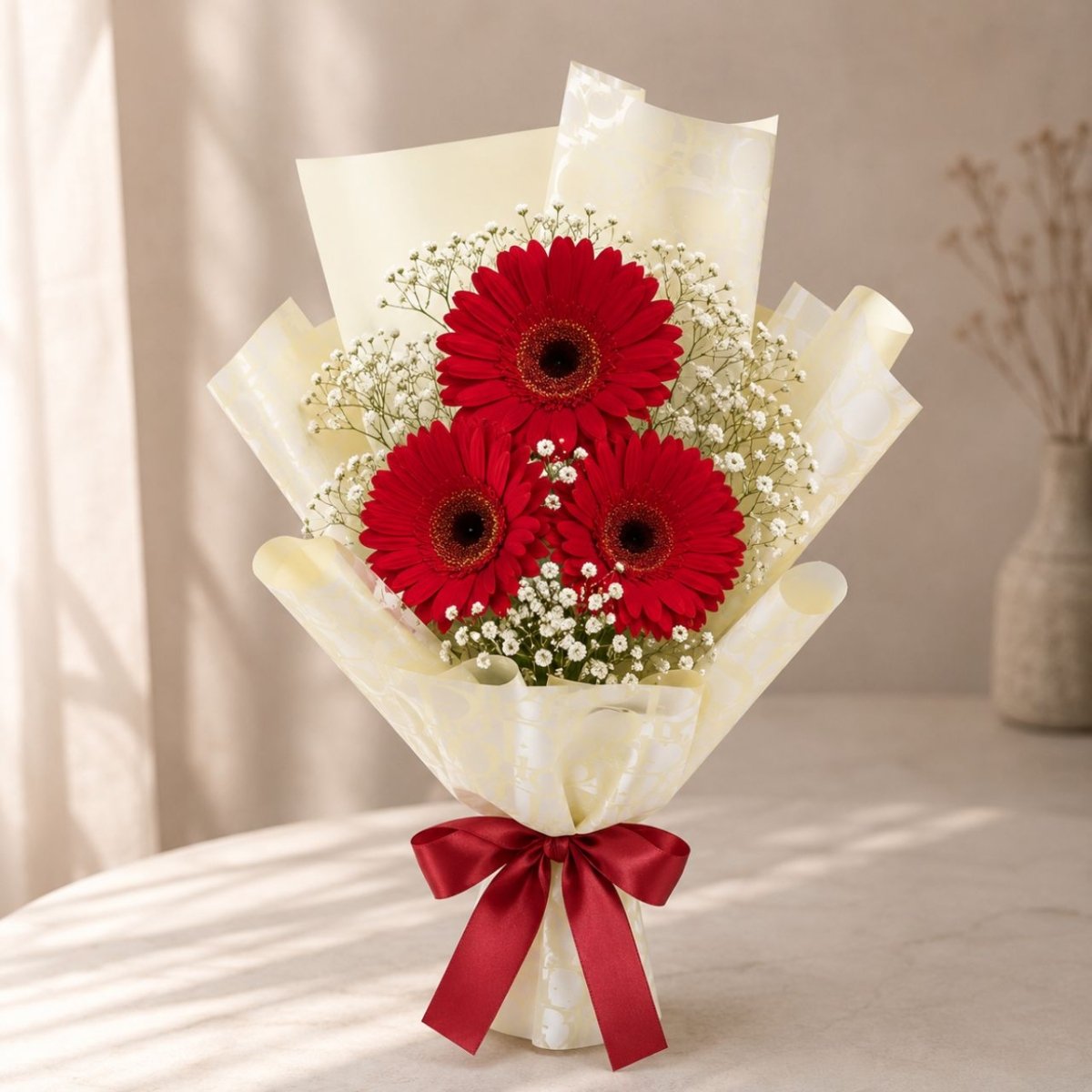 3 Red Gerberas with Gypsies Bouquet - Flowers to Nepal - FTN