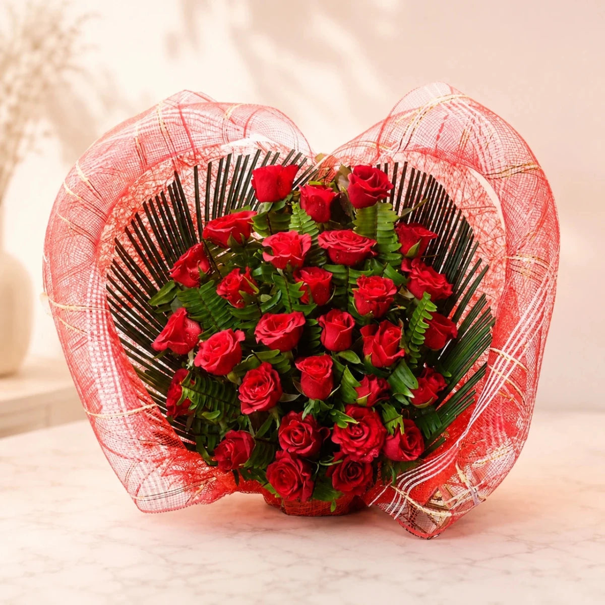 30 Red Roses in Heart-Shaped Bamboo Frame - Flowers to Nepal - FTN