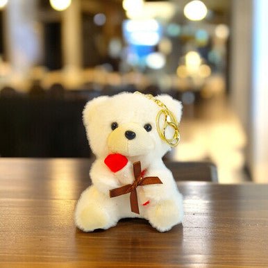 4 - Inch Adorable White Plush Teddy Bear Keychain Holding Rose - Flowers to Nepal - FTN