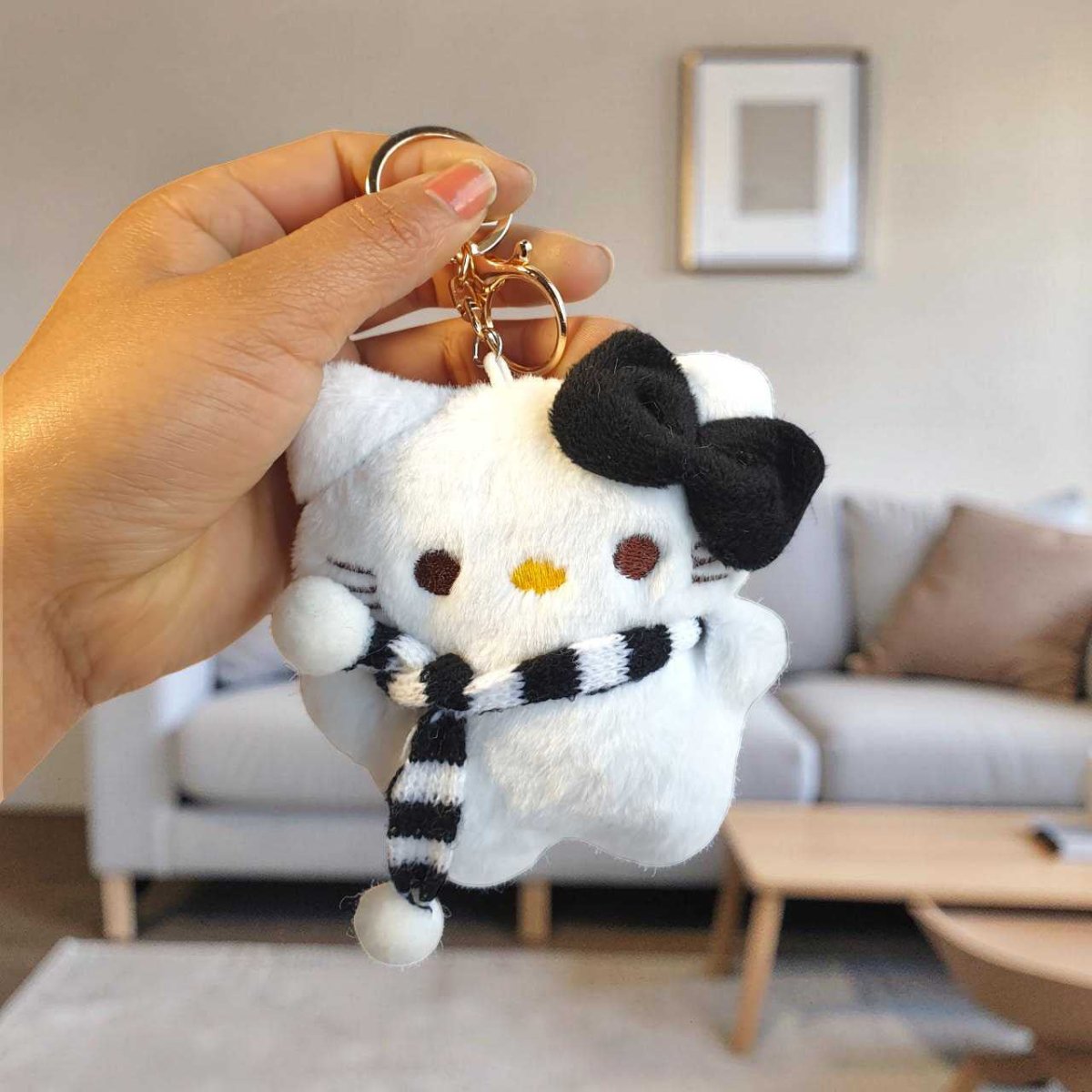 4.3" Hello Kitty Plush Keychain – Black Bow & Striped Scarf - Flowers to Nepal - FTN