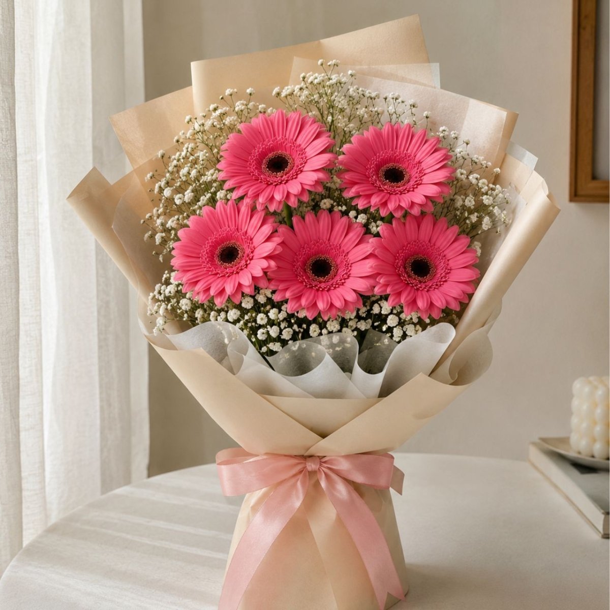 5 Pink Gerbera Flower Bouquet - Flowers to Nepal - FTN