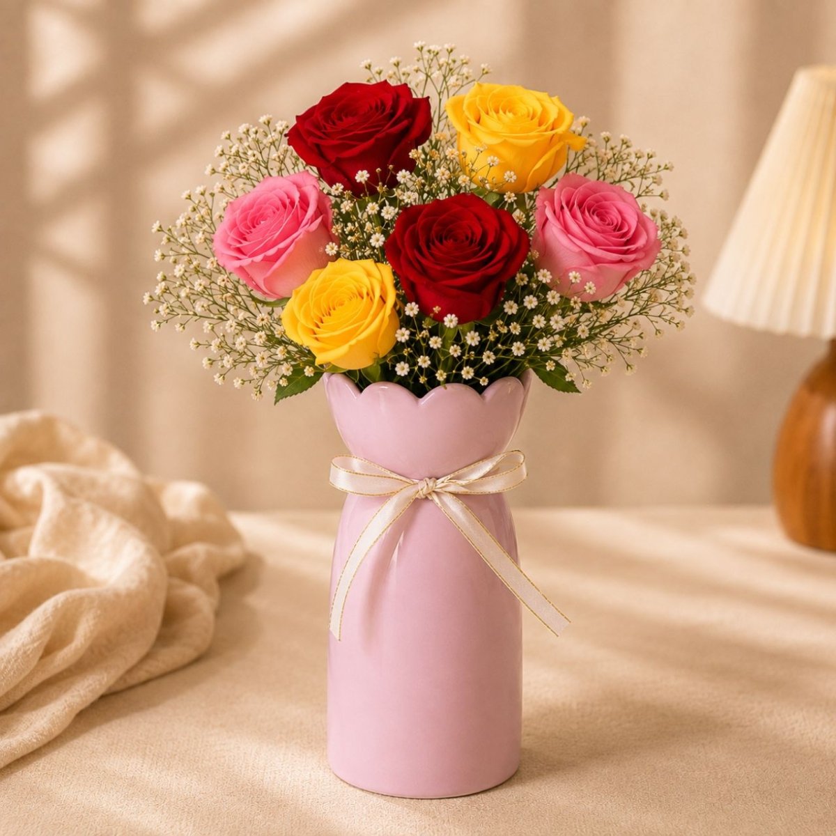 6 Multicolor Roses in Baby Pink Ceramic Vase - Flowers to Nepal - FTN