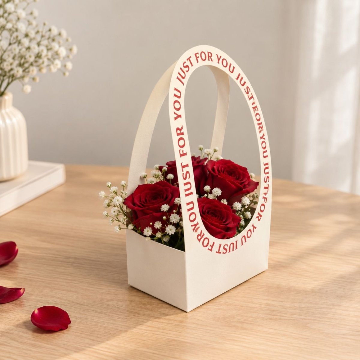 6 Red Roses with Gypsies in “Just For You” Gift Basket - Flowers to Nepal - FTN
