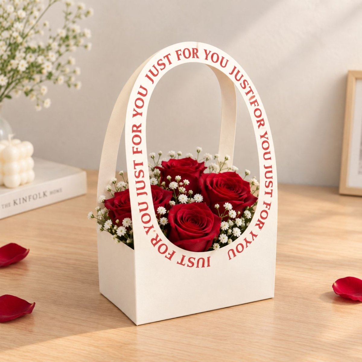 6 Red Roses with Gypsies in “Just For You” Gift Basket - Flowers to Nepal - FTN