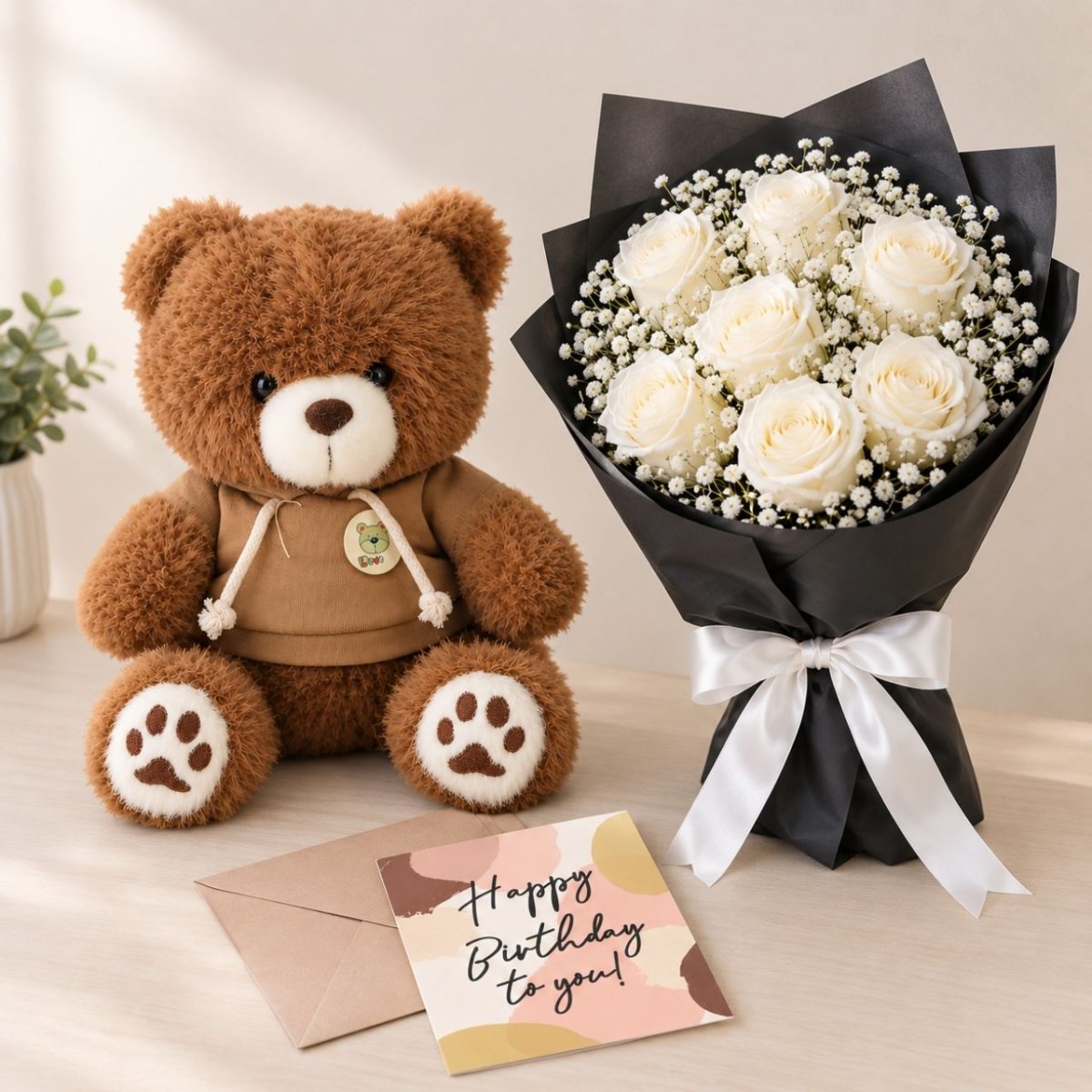 7 White Roses & Teddy Bear Birthday Gift - Flowers to Nepal - FTN