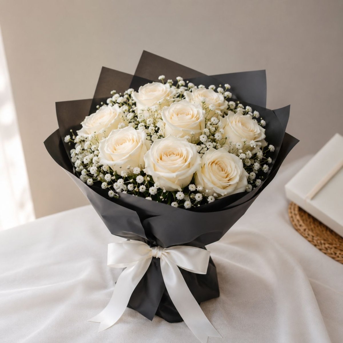 8 White Roses & Gypsies Flower Bouquet - Flowers to Nepal - FTN