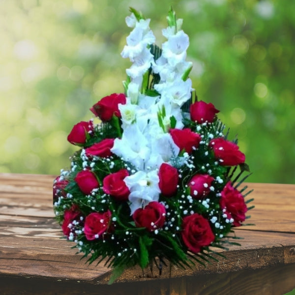 Red Roses With White Glad Arranged In Basket