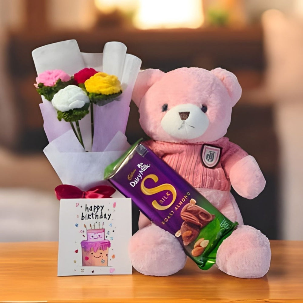 Adorable Birthday Gift with Teddy, Chocolate & Crochet Rose Bouquet - Flowers to Nepal - FTN