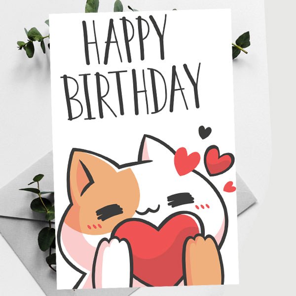 Adorable Cat & Heart Birthday Greeting Card - Flowers to Nepal - FTN
