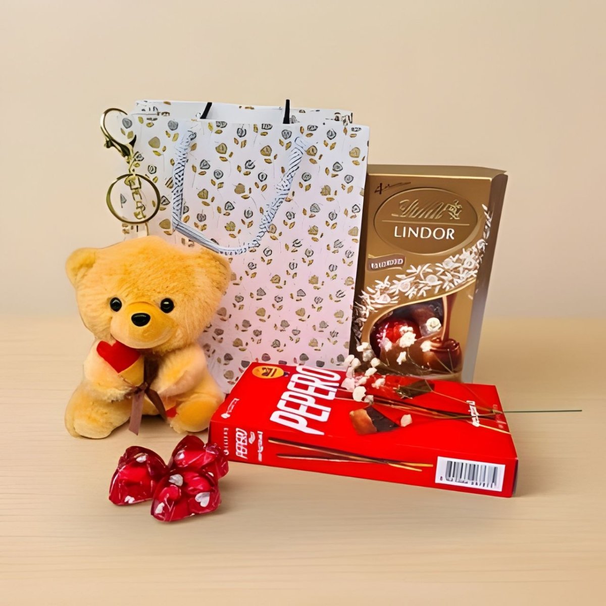 Adorable Rose Teddy Keychain with Chocolates Bag - Flowers to Nepal - FTN