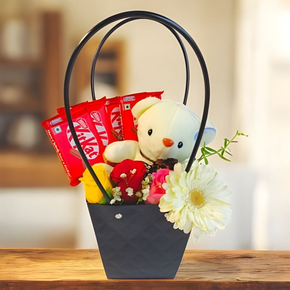 Adorable Surprise Gift Bag: Teddy, Chocolates & Mixed Flowers - Flowers to Nepal - FTN