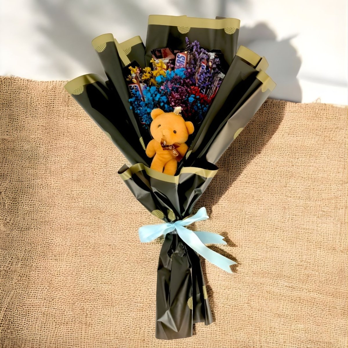 Adorable Teddy Charm, Chocolates & Dry Gypsy Floral Bouquet - Flowers to Nepal - FTN