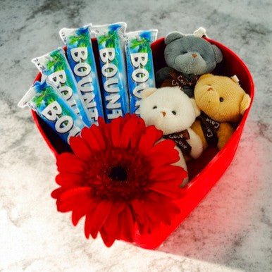 Adorable Teddy Charms, Chocolates & Gerbera in Love Box - Flowers to Nepal - FTN