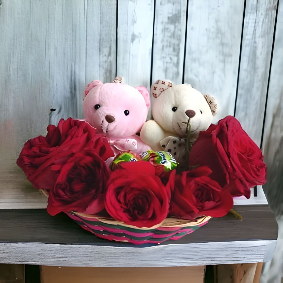 Adorable Teddy Charms, Fresh Roses & Sweets Gift Basket - Flowers to Nepal - FTN