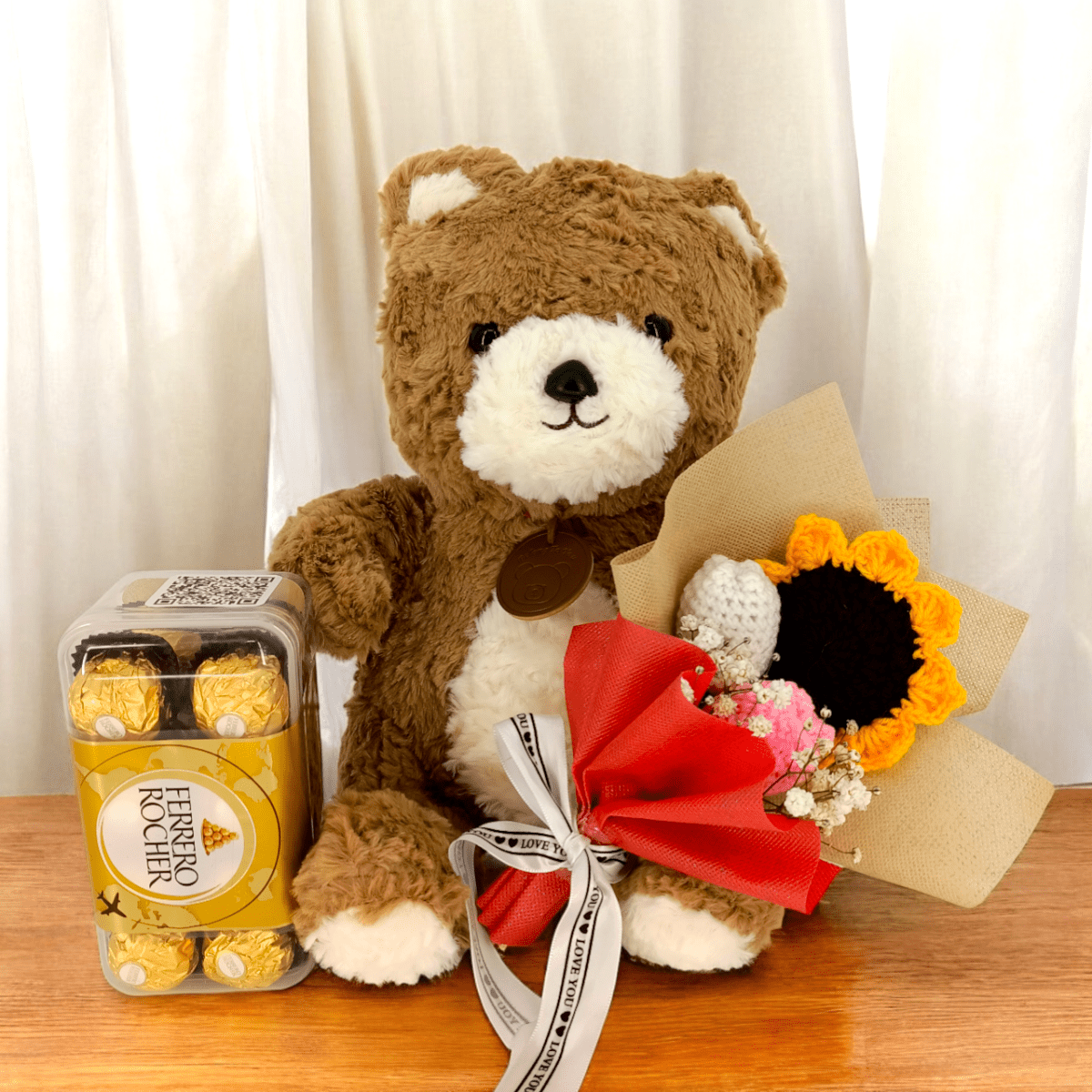 Adorable Teddy, Chocolates & Crochet Flowers Gift Set - Flowers to Nepal - FTN