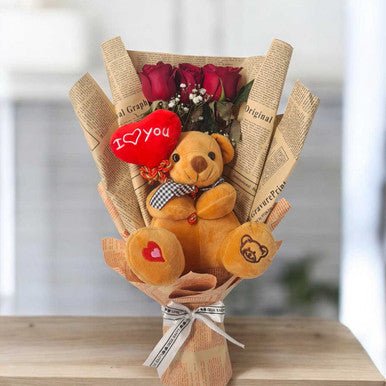 Adorable Teddy & Three Roses Bouquet - Flowers to Nepal - FTN