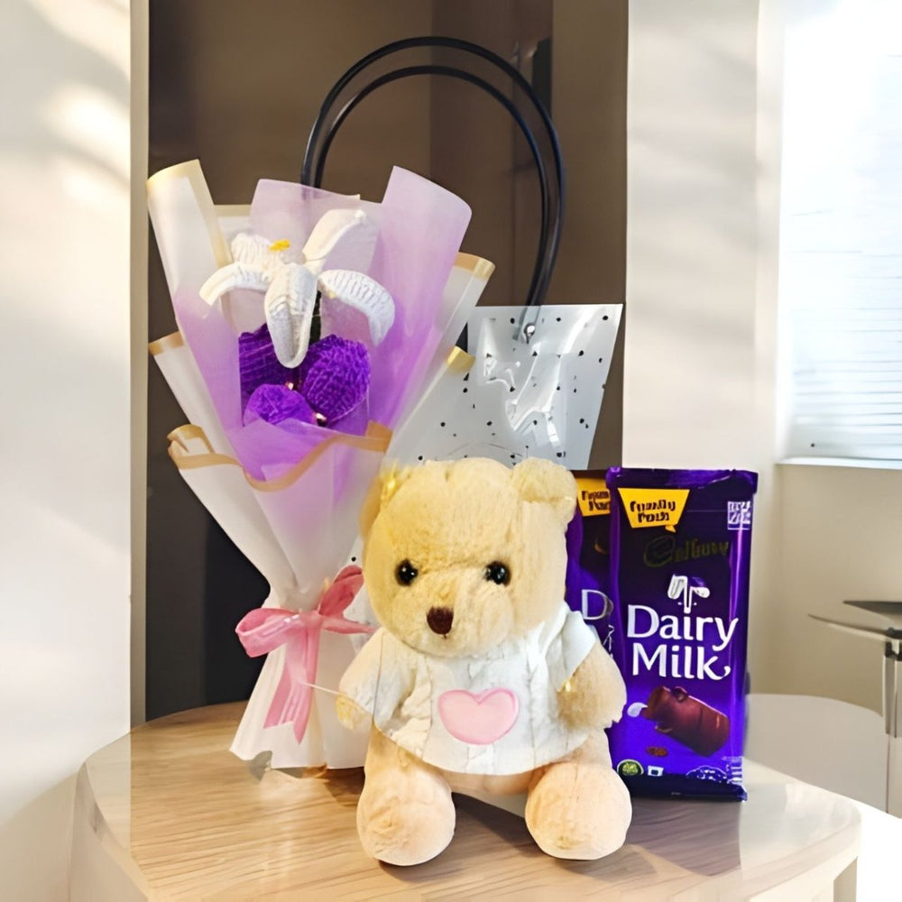 Adorable Teddy with Crochet Flowers & Treats - Flowers to Nepal - FTN