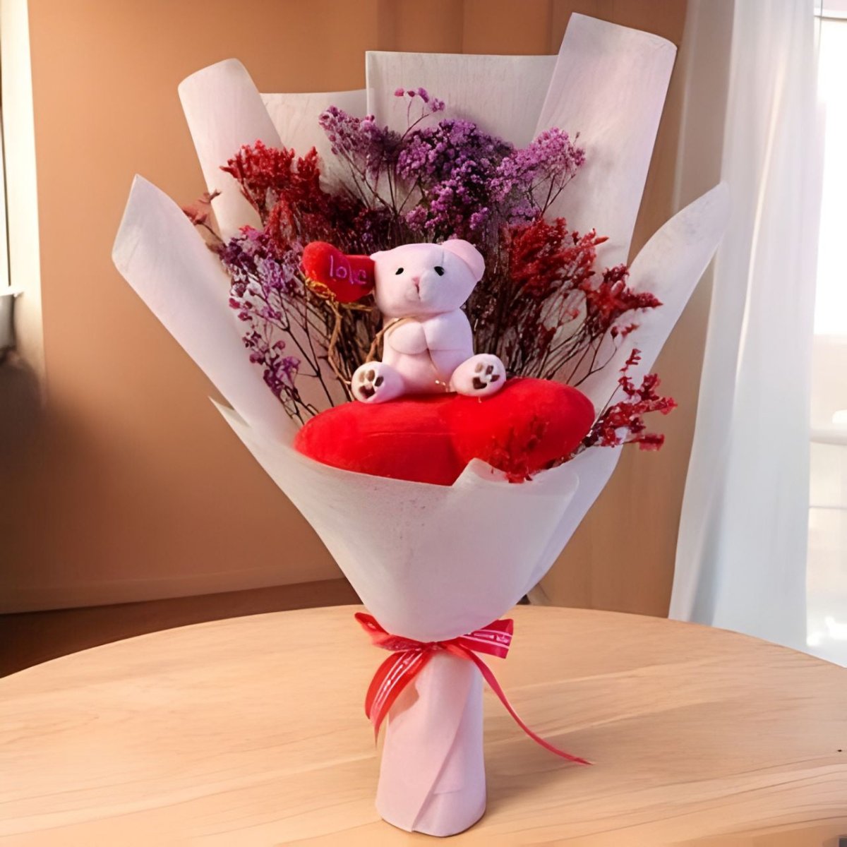 Adorable Teddy with Heart & Colorful Dry Gypsy Bouquet - Flowers to Nepal - FTN