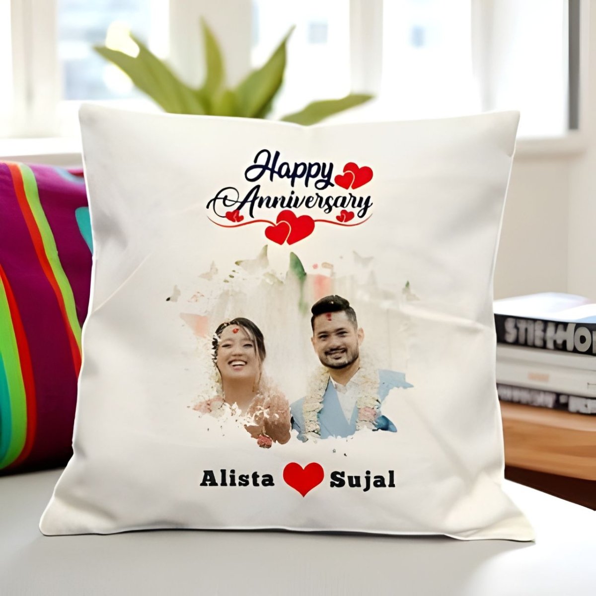Anniversary Cushion with Photo & Couple's Name Print - Flowers to Nepal - FTN