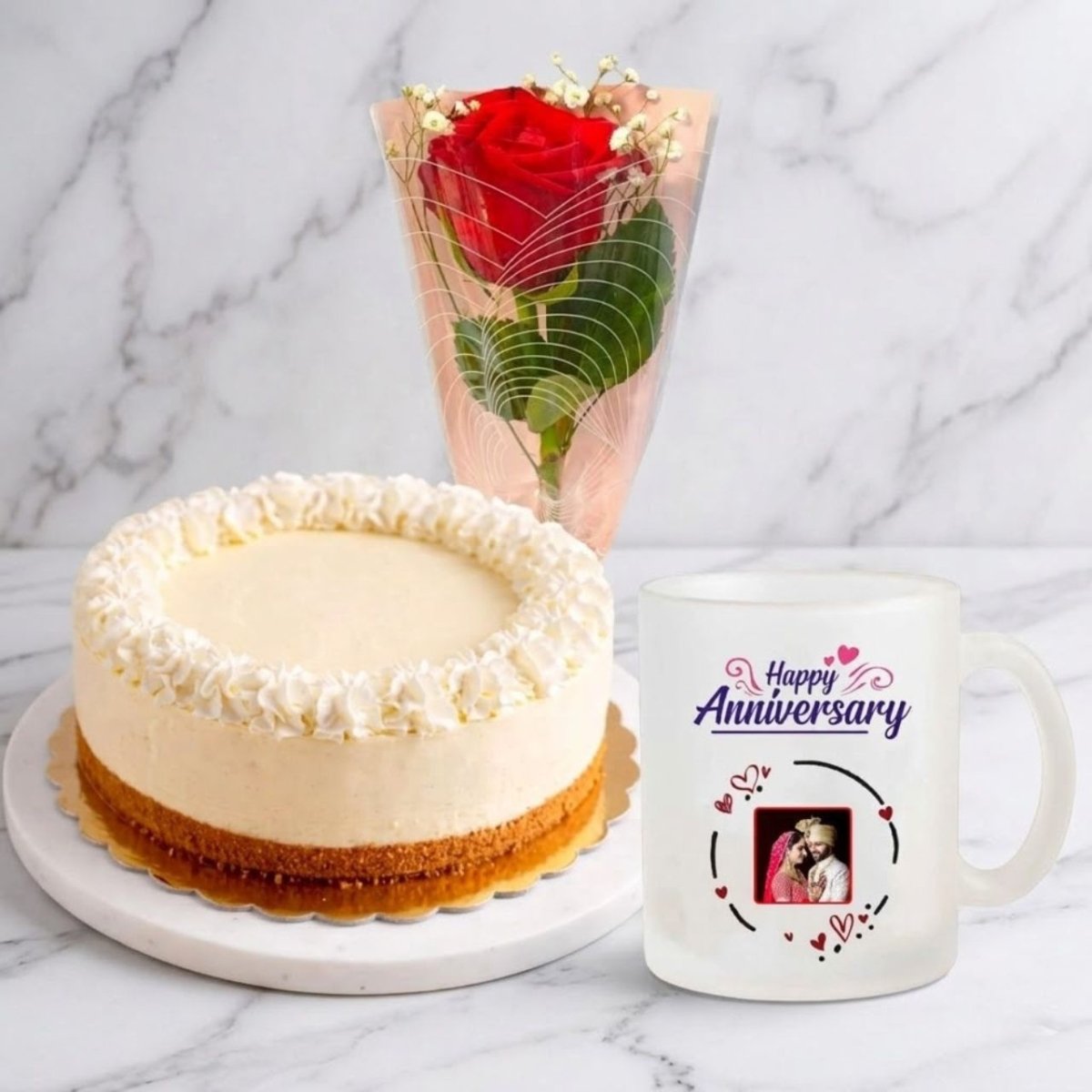 Anniversary Rose Bouquet with Personalized Mug & Cheesecake - Flowers to Nepal - FTN