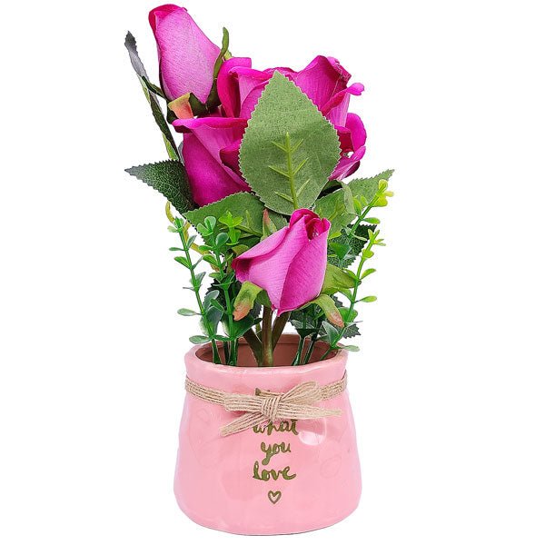 Artificial Velvet Pink Rose(Vase Color may vary) - Flowers to Nepal - FTN