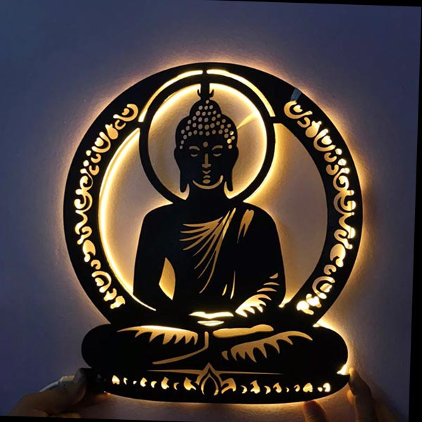 Backlit Wooden Buddha Wall Hanging with Warm LED Illumination - Flowers to Nepal - FTN