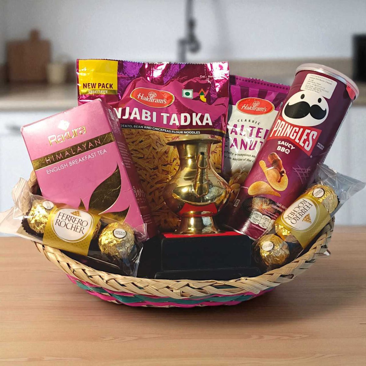 Bamboo Basket Gift Set: Delight Food Combo & Brass Karuwa - Flowers to Nepal - FTN