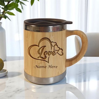 Bamboo Coffee Mug with Lid & Name Engraved - 300ml - Flowers to Nepal - FTN